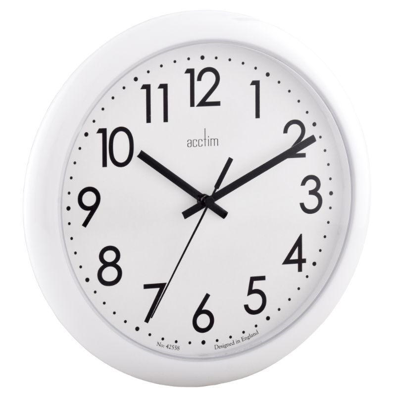Sleek white wall clock with gloss finish, 25.5cm, features quartz movement and easy readability for any space.