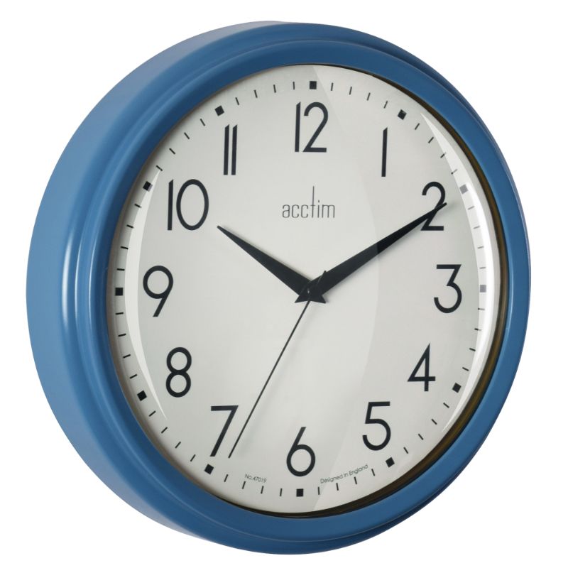 Oxford blue retro wall clock with sleek design, clear black numbers, and minimalist style for elegant home decor.