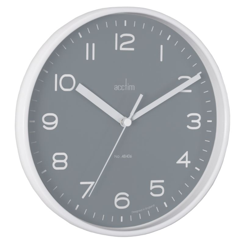 Elegant 20cm dusk grey wall clock with slimline plastic case and glass lens, featuring reliable quartz movement.