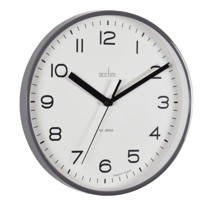 Smoke grey 20cm wall clock with a slimline case and glass lens, featuring precise quartz movement for stylish timekeeping.