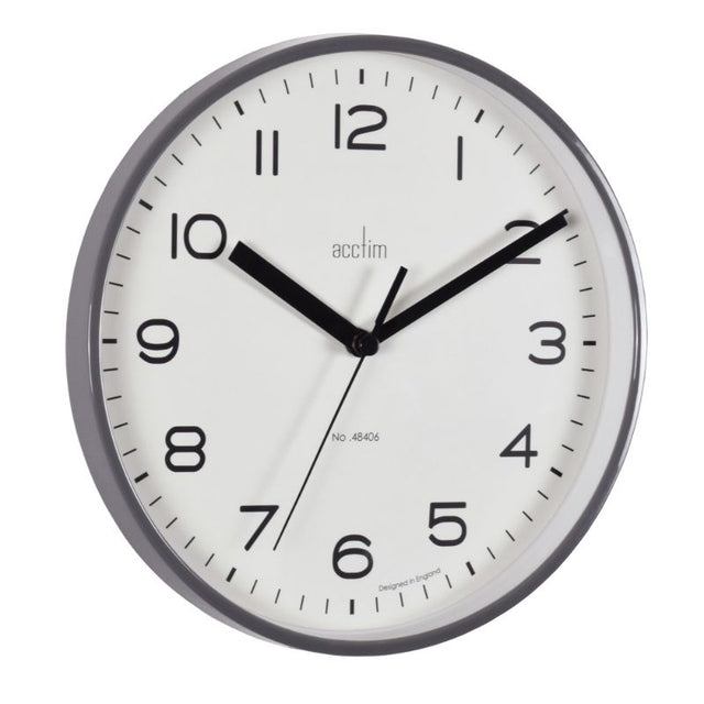 Smoke grey 20cm wall clock with a slimline case and glass lens, featuring precise quartz movement for stylish timekeeping.