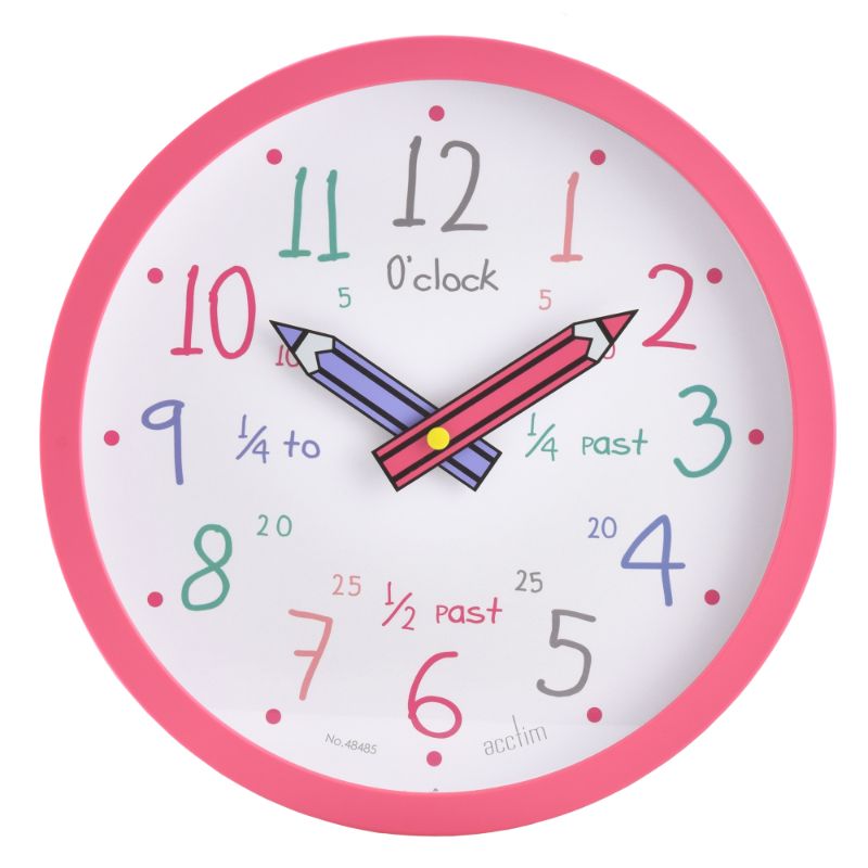 Vibrant pink clock for kids with playful pencil hands, 5-minute markers, and quartz movement, perfect for learning to tell time.
