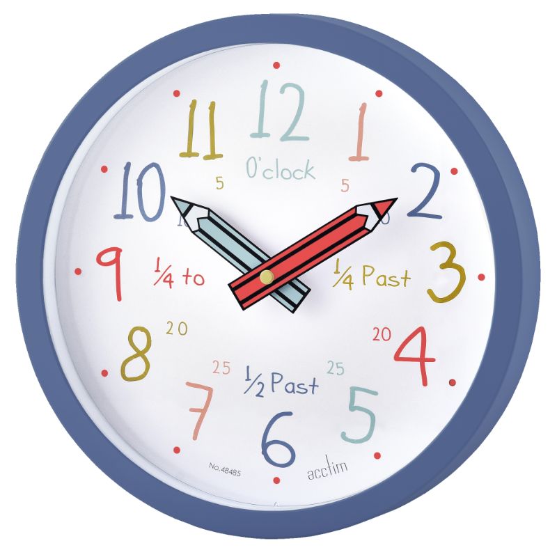 Bright blue Acctim Alma wall clock with fun pencil hands, ideal for teaching kids to tell time, features clear markings and quartz movement.