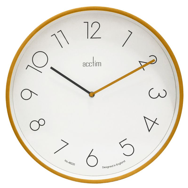Contemporary Dijon yellow wall clock with offset numbers and clear glass lens, perfect for modern home decor.