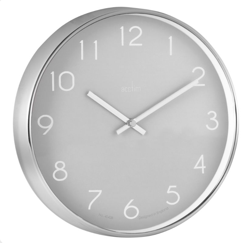 Modern 25cm chrome wall clock in smoke grey with debossed numerals and glass lens, perfect for home or office decor.