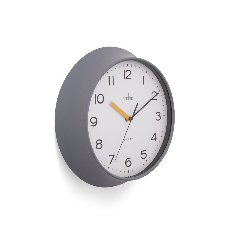 Stylish 29cm Acctim Rhea Wall Clock in Pigeon Grey with bold numbers and a pastel case, perfect for any room decor.