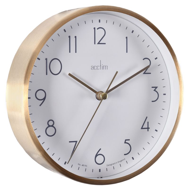 Elegant 15cm gold wall/desk clock with brushed metal case and built-in stand for versatile decor.