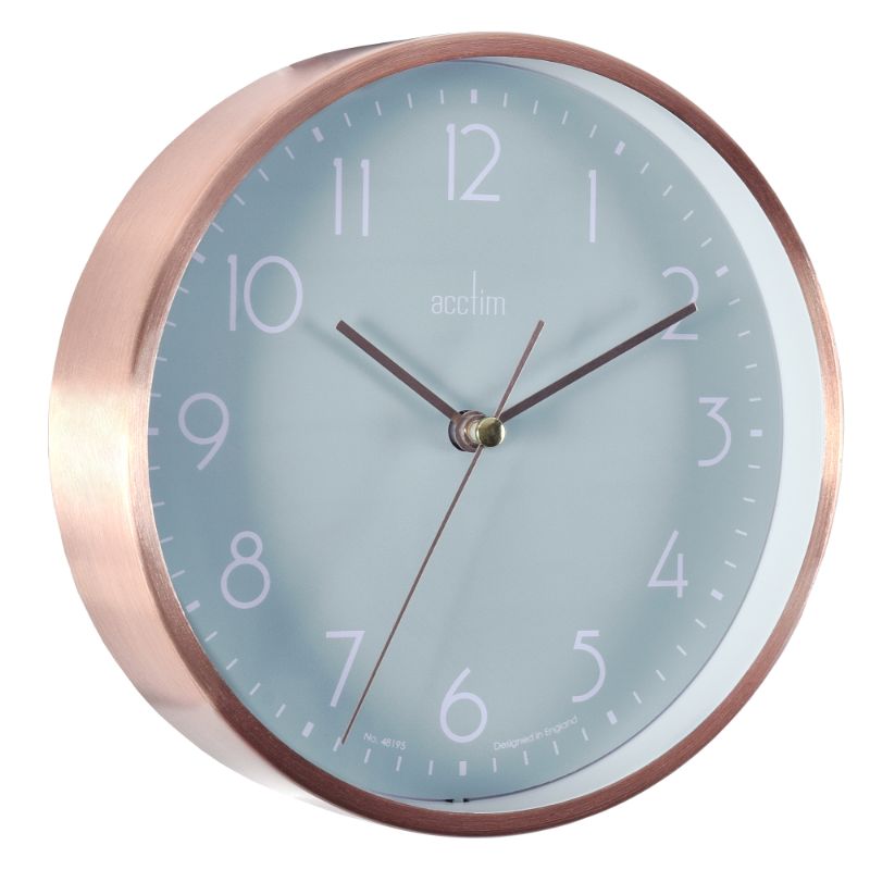 Stylish 15cm copper and green wall/desk clock with brushed metal case and glass lens, featuring quartz movement and desk stand.