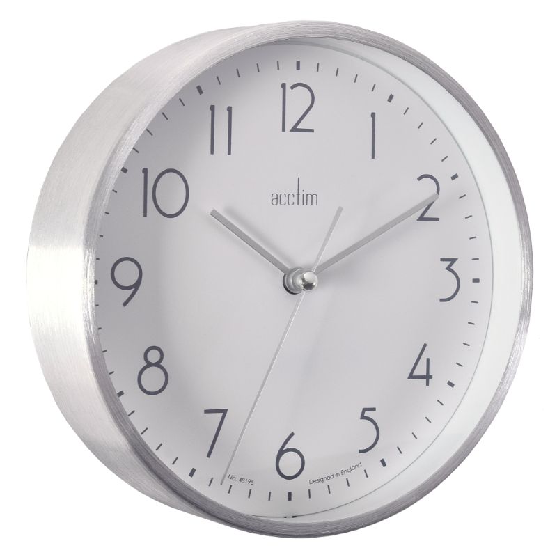 Elegant 15cm silver metal wall/desk clock with brushed finish and glass lens, features quartz movement and built-in stand.