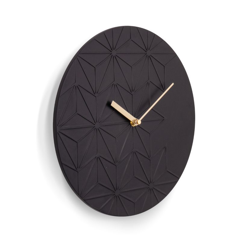 Contemporary 30cm black resin wall clock featuring open-dial hands and geometric patterns, perfect for modern decor.