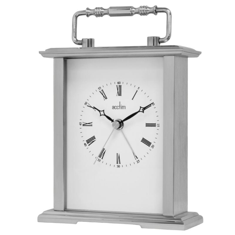 Elegant silver carriage clock with polished metal case, Roman dial, and reliable alarm function, perfect for home decor.