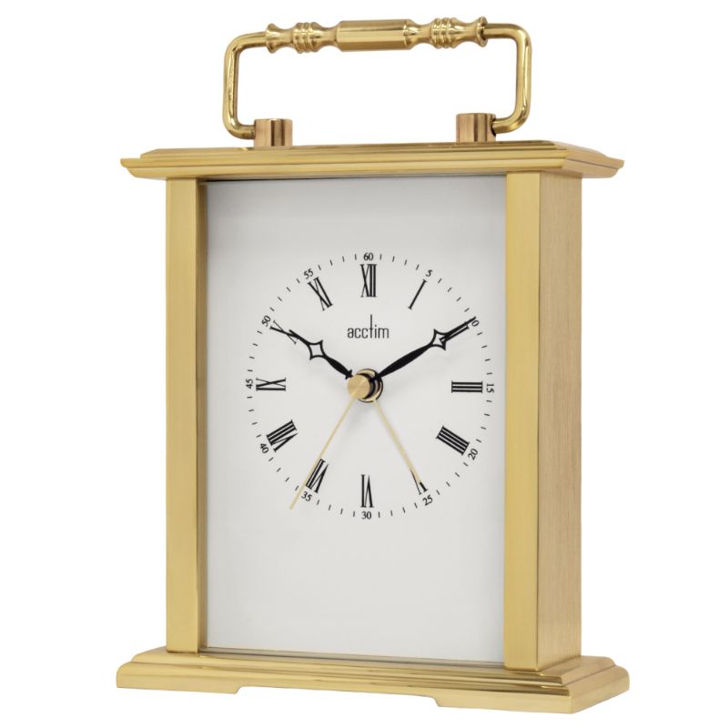 Gold Acctim Gainsborough carriage clock (14.5cm) featuring a Roman dial, decorative hands, and an elegant polished design.