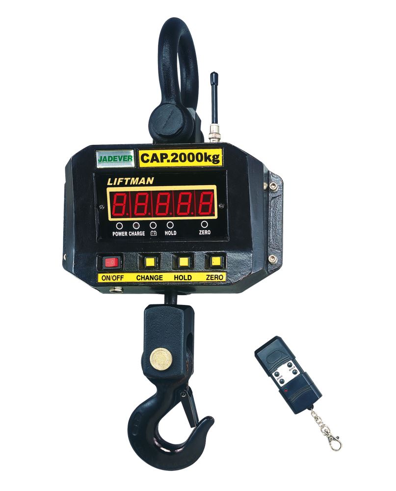 Jadever Crane Scale JLT-600 with 600kg capacity, bright LED display, 360° hook, and wireless remote for precise industrial weighing.