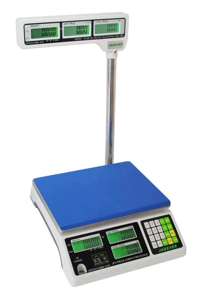 Jadever JPL-15K price computing scale with dual displays, 15kg capacity, green LED backlight, and stainless steel pan.