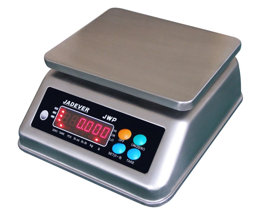 Jadever Waterproof Scale JWP-3K with stainless steel pan, high visibility LED display, and IP-68 waterproof rating for durable weighing.