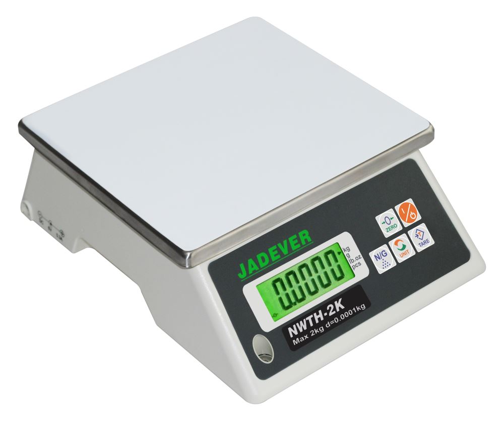Jadever NWTH-10K weighing scale with stainless steel pan, bright LCD display, 10kg capacity for accurate weight measurement.