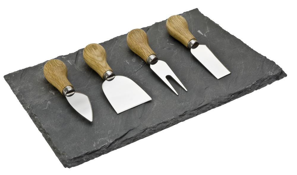 Elegant 4-piece cheeseboard set featuring oak and slate, ideal for entertaining and impressing guests.