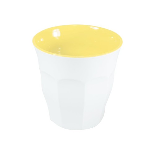 Set of 6 stylish lemon and white melamine espresso cups, durable, dishwasher safe, ideal for coffee and outdoor use.