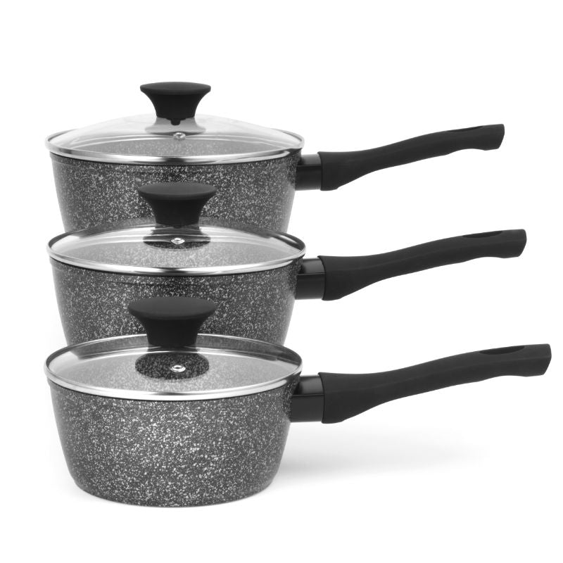 Salter Megastone 3 Piece Saucepan Set with non-stick surface, tempered glass lids, and soft-touch handles for versatile cooking.