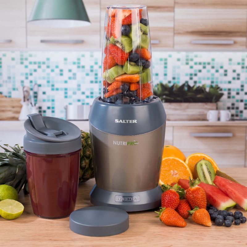 Salter NutriPro 1000 Blender with 1000W motor, 1L and 800ml BPA-free cups, unique blade for nutrient-rich smoothies.