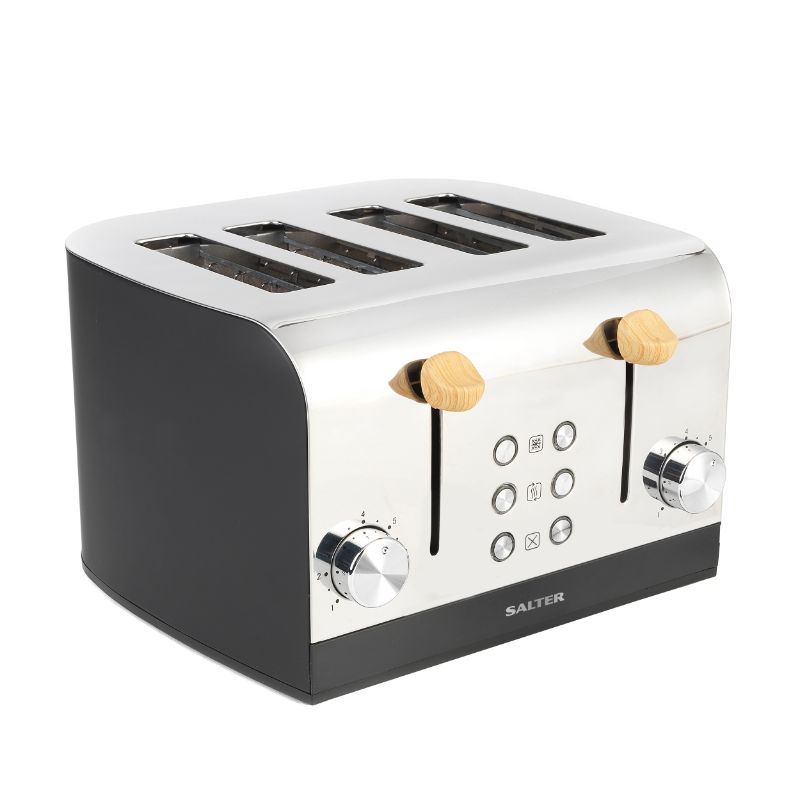 4-slice toaster in black with wide slots, removable crumb tray, and rustic design for stylish breakfast preparation.