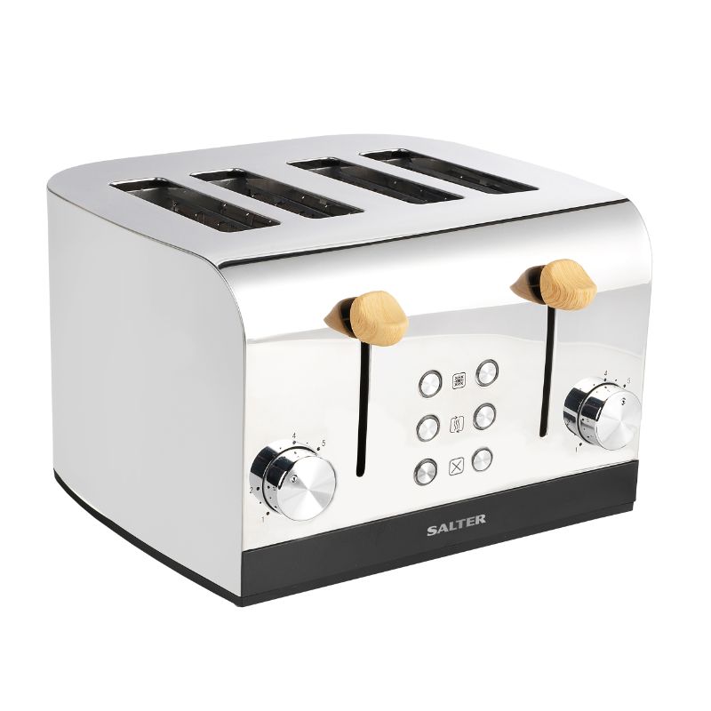 4-slice toaster in grey with wide slots, removable crumb tray, and Scandinavian design for modern kitchens.