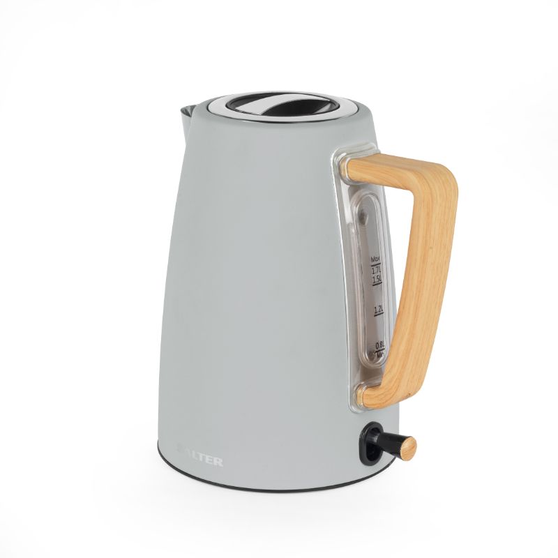 Stylish grey 1.7L Salter Skandi kettle with wood accents, rapid boil feature, and safety functions for easy, efficient use.