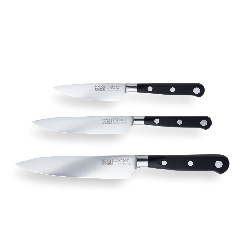 Taylors Oxford 3-piece knife set featuring stainless steel rivets, includes paring, all-purpose, and 15cm chef's knives.