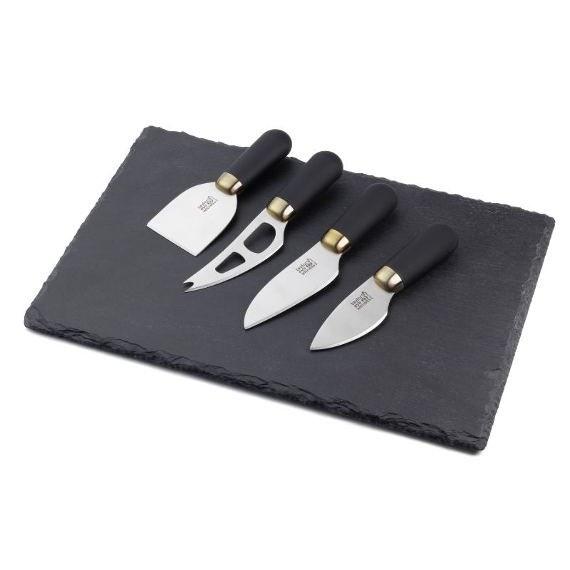 Elegant 4-piece cheese knife and slate board set featuring soft-touch handles and brass bolsters for gourmet dining.