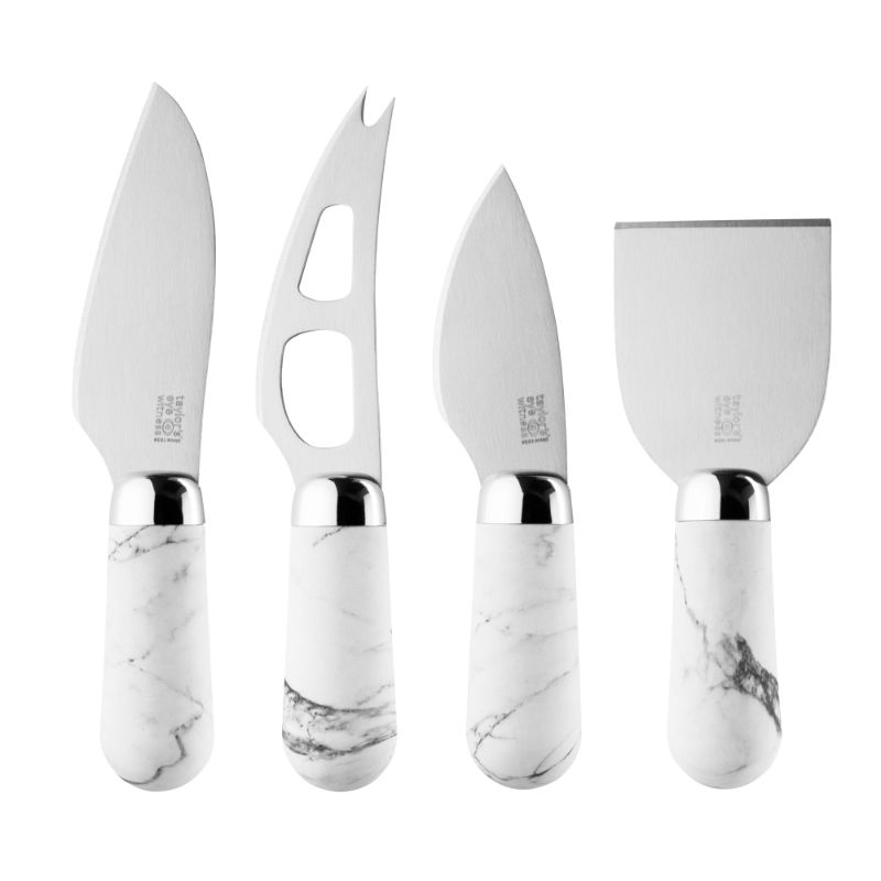 Taylors Brooklyn 4-piece cheese knife set with marble effect handles and stainless steel blades for versatile cheese cutting.