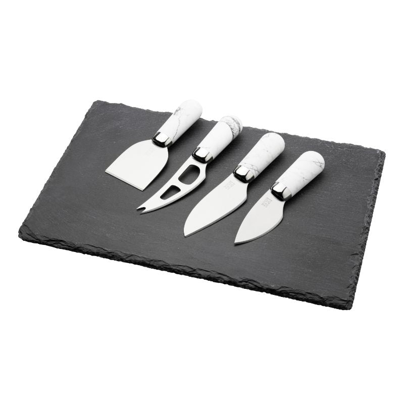 Elegant 4-piece cheese knife set with slate board and marble handle knives for stylish entertaining and cheese presentation.