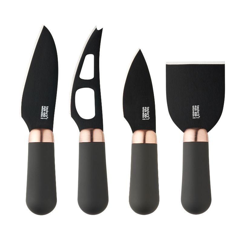 Stylish 4-piece cheese knife set with antibacterial blades and copper bolsters, perfect for gourmet cheese enthusiasts.