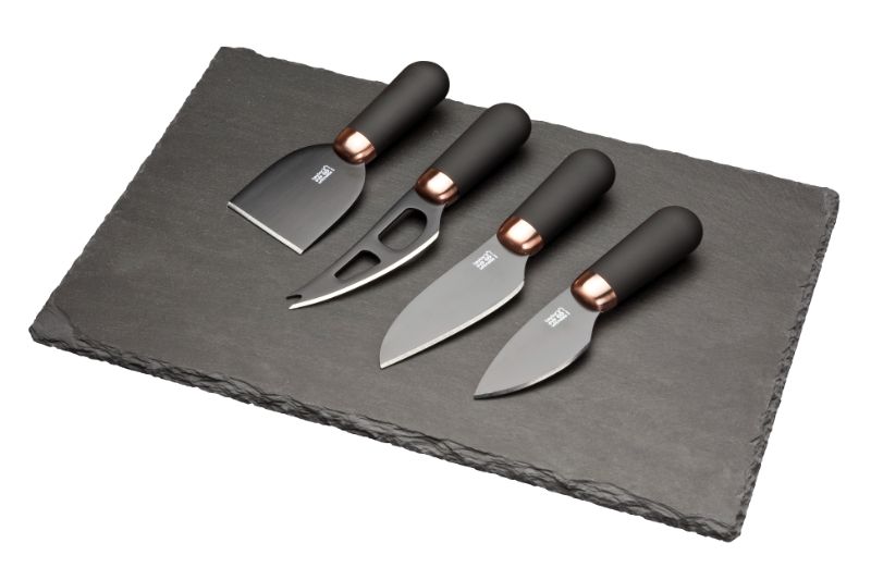 Elegant 4pc cheese knife set with antimicrobial blades and a natural slate board for stylish cheese presentations.