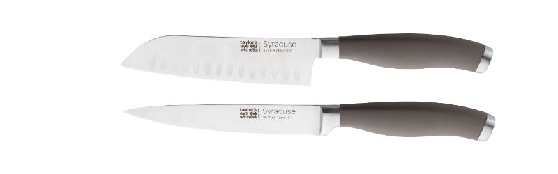 Small Kitchen Knife Set in Syracuse Grey, featuring All-Purpose and Santoku knives for efficient food prep.