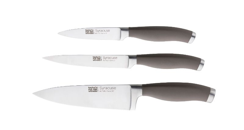 Three-piece kitchen knife starter set featuring sleek Syracuse Grey finish, ergonomic handles for comfort, ideal for all cooking tasks.