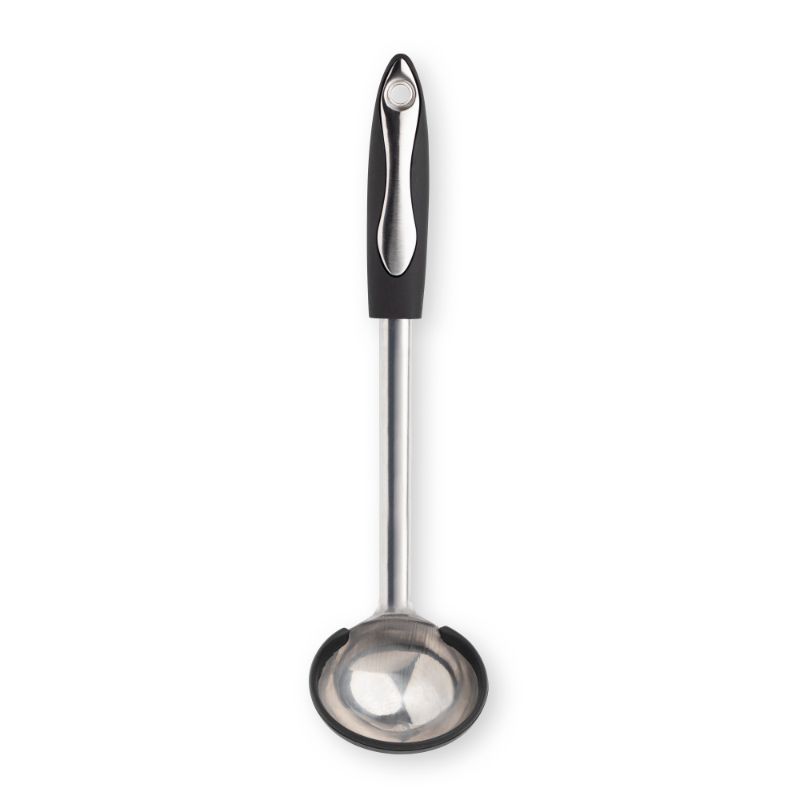 Ergonomic 35cm stainless steel ladle with a non-scratch silicone edge for safe and stylish serving of soups and sauces.