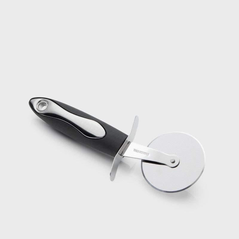 Stainless steel pizza cutter with ergonomic grip for effortless, uniform slicing of pizza and other doughs.