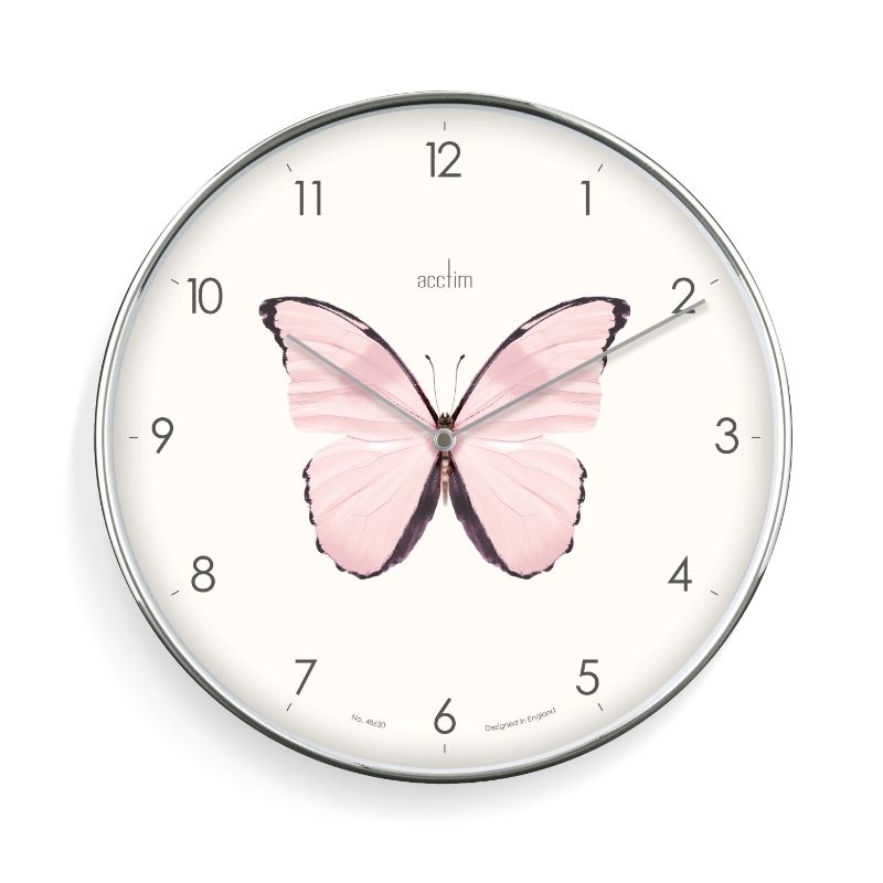 Stylish 30cm wall clock with chromed frame and butterfly design, perfect for enhancing home decor and keeping time.