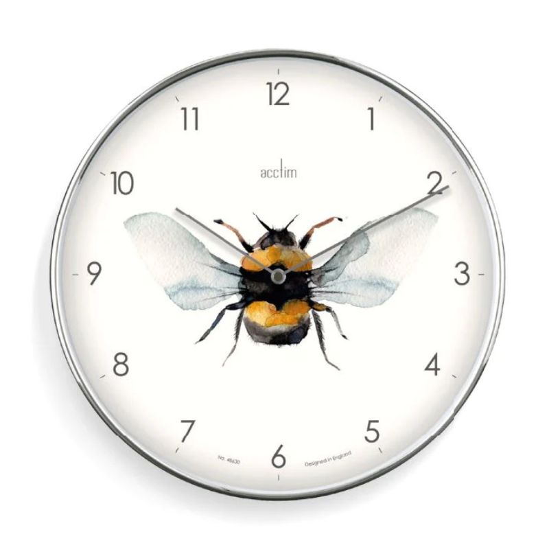 Acctim Society Bee Wall Clock: 30cm chrome frame, foil embossed Arabic dial, features bee illustrations, quartz movement.