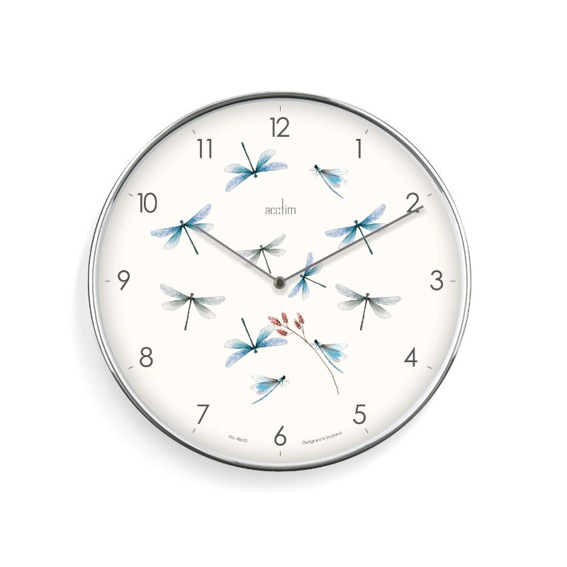 Decorative 30cm wall clock featuring dragonfly and floral designs, chrome frame, and easy-to-read Arabic dial.