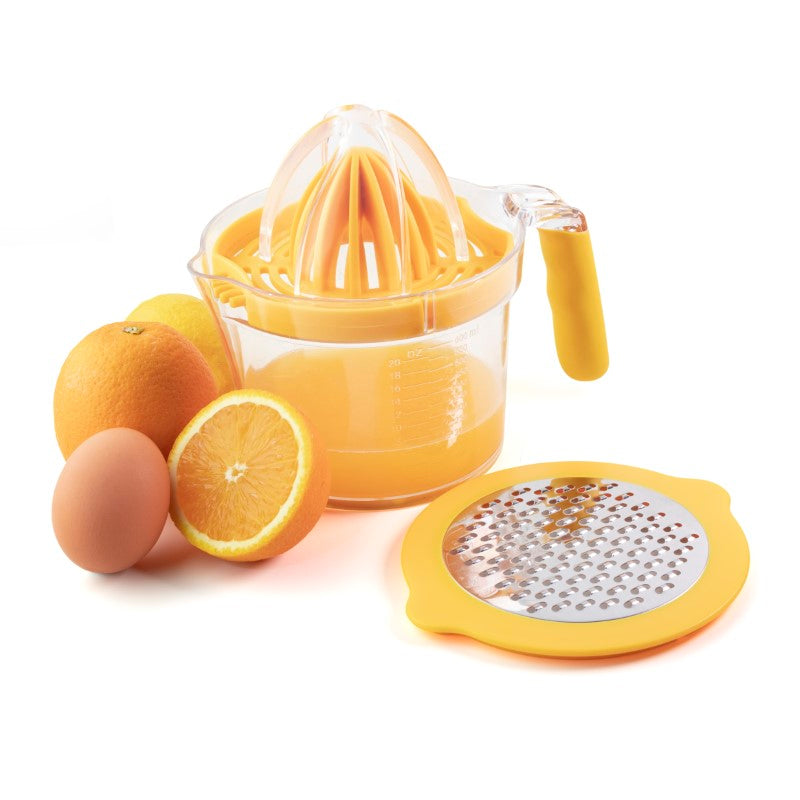 Taylors Multi-Function Measuring Jug with citrus reamer, grater, and egg separator; 600ml capacity for versatile kitchen use.