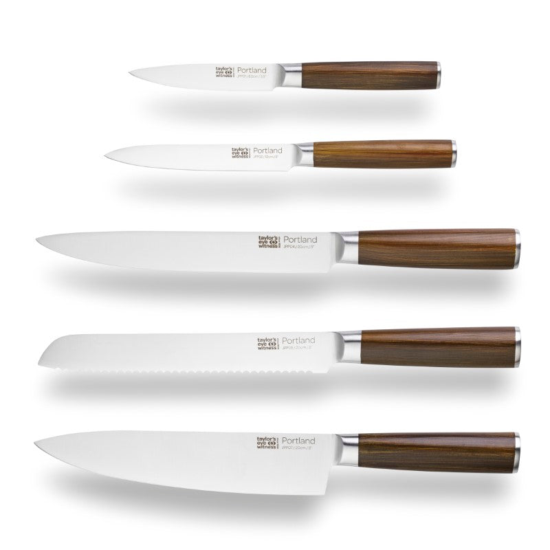 Elegant 5-piece kitchen knife set with stainless steel handles, walnut effect, designed for precision cutting and control.