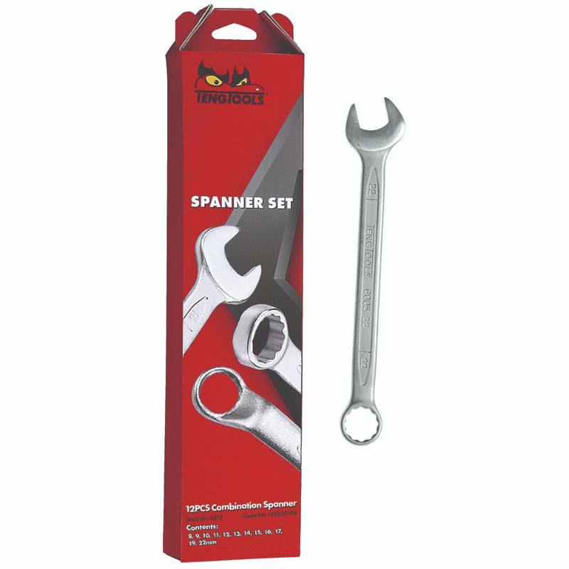 Teng 12Pc Combination Spanner Set featuring 12-point ring heads, 15° angle, in a stylish display box for easy access.