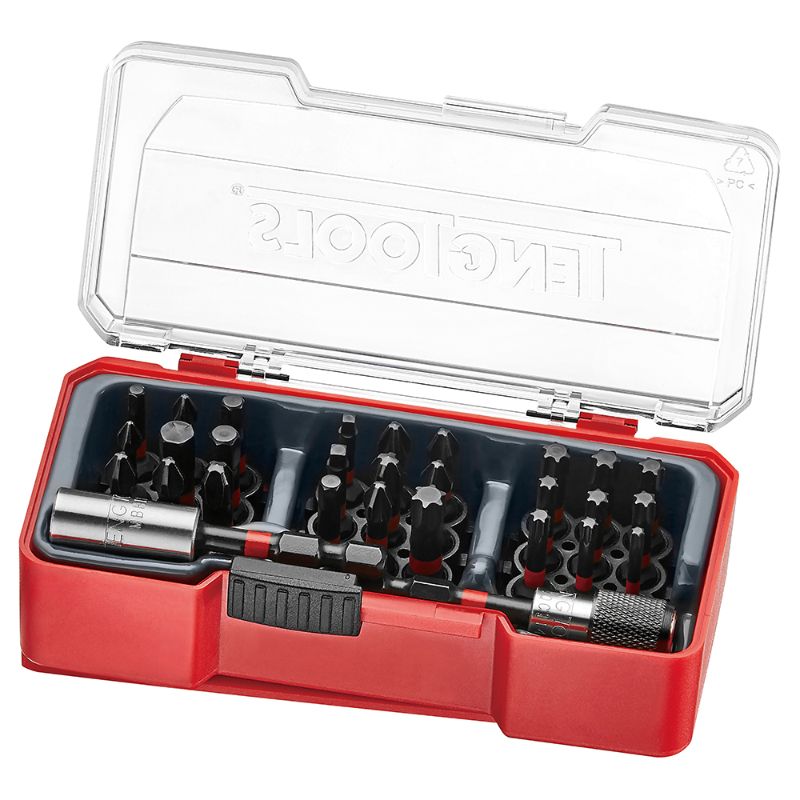 Teng 29pc Impact Bits Set featuring various screwdriver bits, organized in a clear tray for easy accessibility and storage.