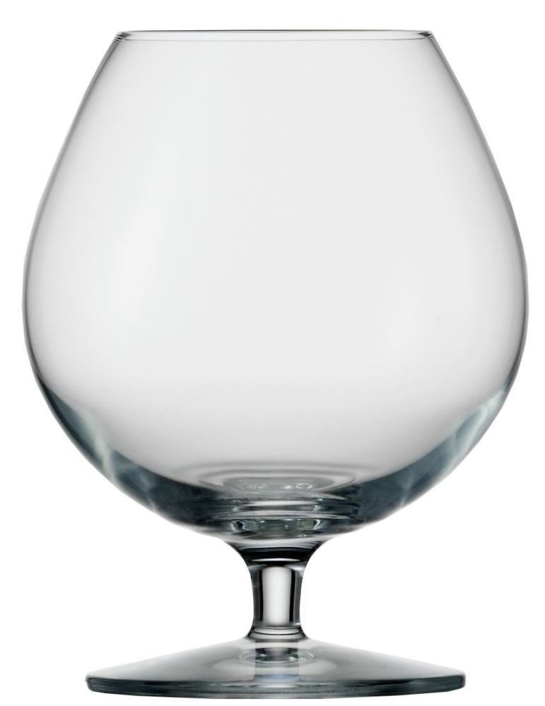Set of 6 Stolzle Milano cognac glasses, lead-free crystal with a sleek design, ideal for enhancing fine spirit tasting.