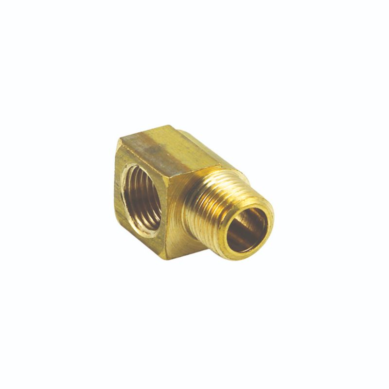 Brass 90-degree BSP elbow fitting with 1/8" threads, ensuring durability and secure connections in plumbing systems.