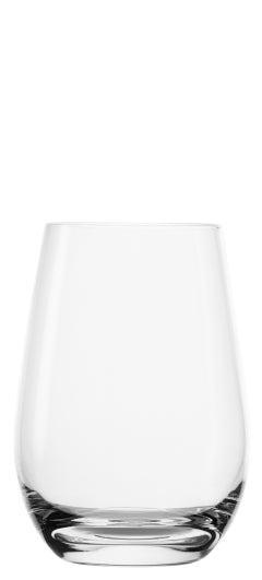 Set of 6 Stolzle stemless wine glasses, 465ml capacity, crafted from lead-free crystal for clarity and durability.