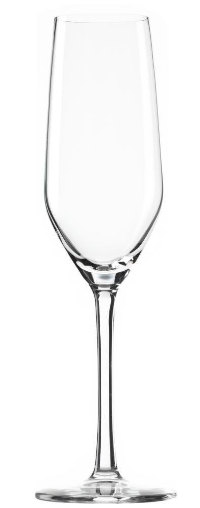 Six Stolzle Ultra Champagne Flutes in lead-free crystal, designed for elegance, durability, and enhanced sparkling wine experience.