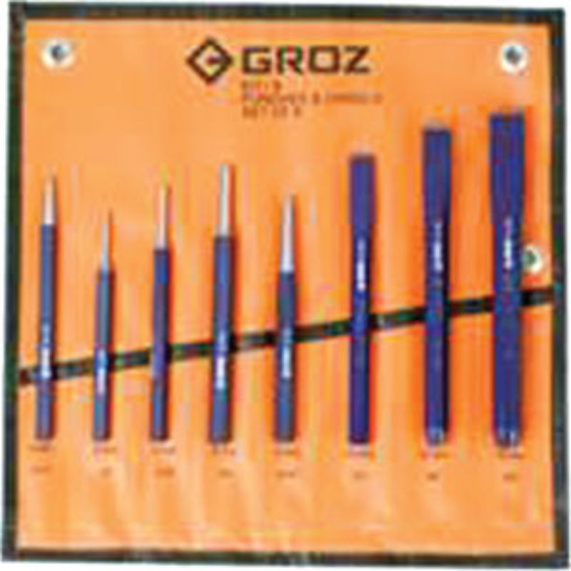 Groz 8pc Punch and Chisel Set in a vinyl roll, features durable alloy steel tools for metalworking and masonry projects.