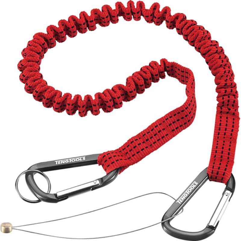 Teng Safety Lanyard Wire with 4.5kg load capacity, 800-1350mm stretchable length, featuring locking wire and spring hook carabiners.
